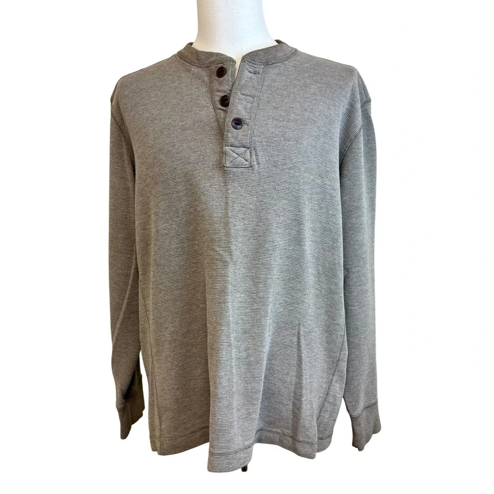 EDDIE BAUER Mens Long Sleeve Thermal‎ Henley Shirt Sz XL Gray Waffle Knit Casual
